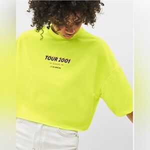Bershka Neon Yellow Crop Top T-Shirt M/L Tour 2001 Europe XX Special